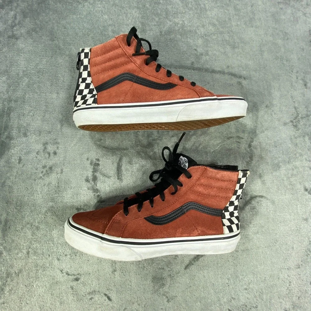 Vans Sk8-Hi High Top Sneakers Girls Size 6 Burnt Orange Checkerboard Suede Shoes